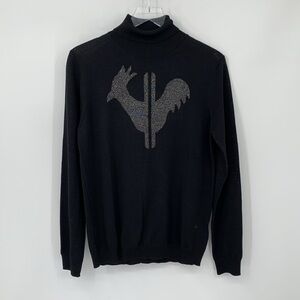 Rossignol turtleneck sweater merino wool black intarsia rooster silver new XL
